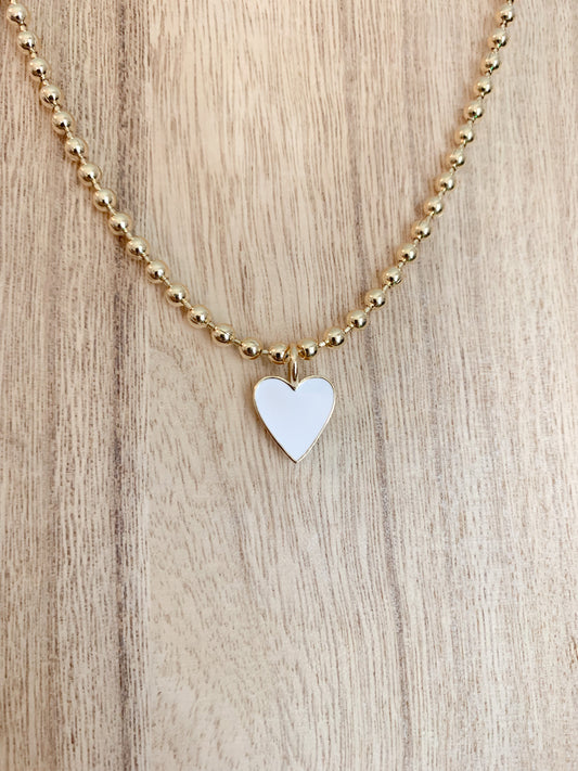 18 Karat Gold Plated Beaded Necklace with Enamel Heart Pendant on a 18 inch adjustable chain.