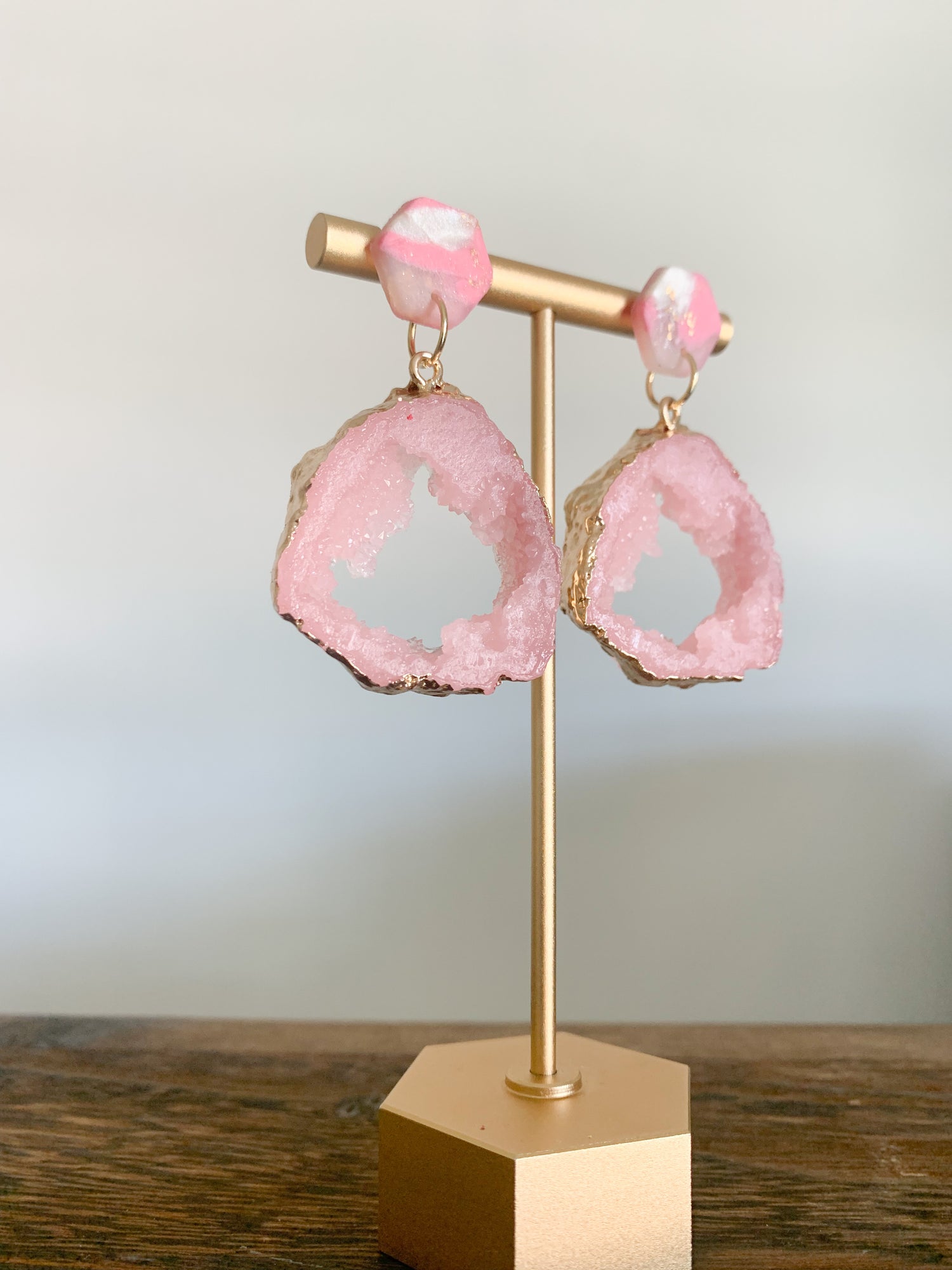 Handmade polymer clay earrings with a large druzy resin charm