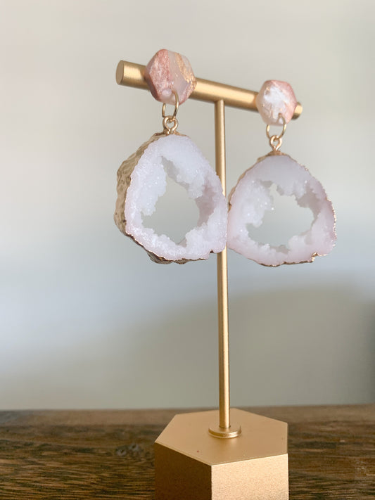 Handmade polymer clay earrings with a large druzy resin charm