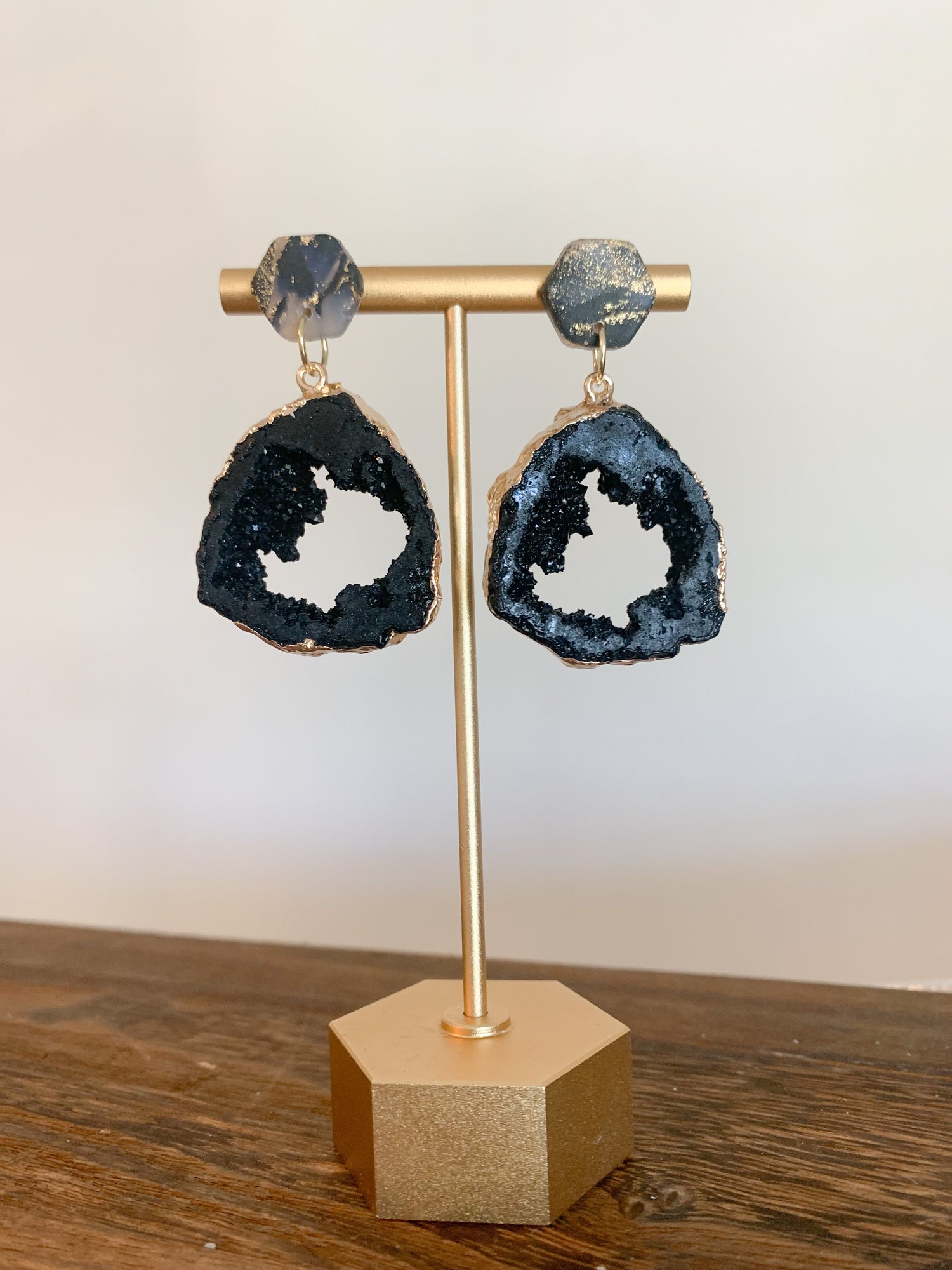 Handmade polymer clay earrings with a large druzy resin charm