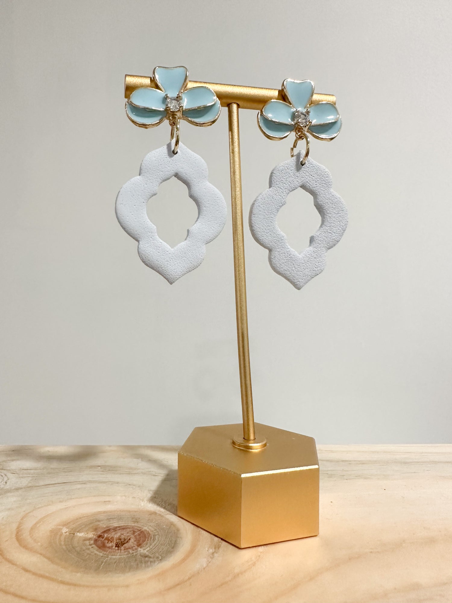 Handcrafted polymer clay earrings with intricate design and 18k gold plated earring posts