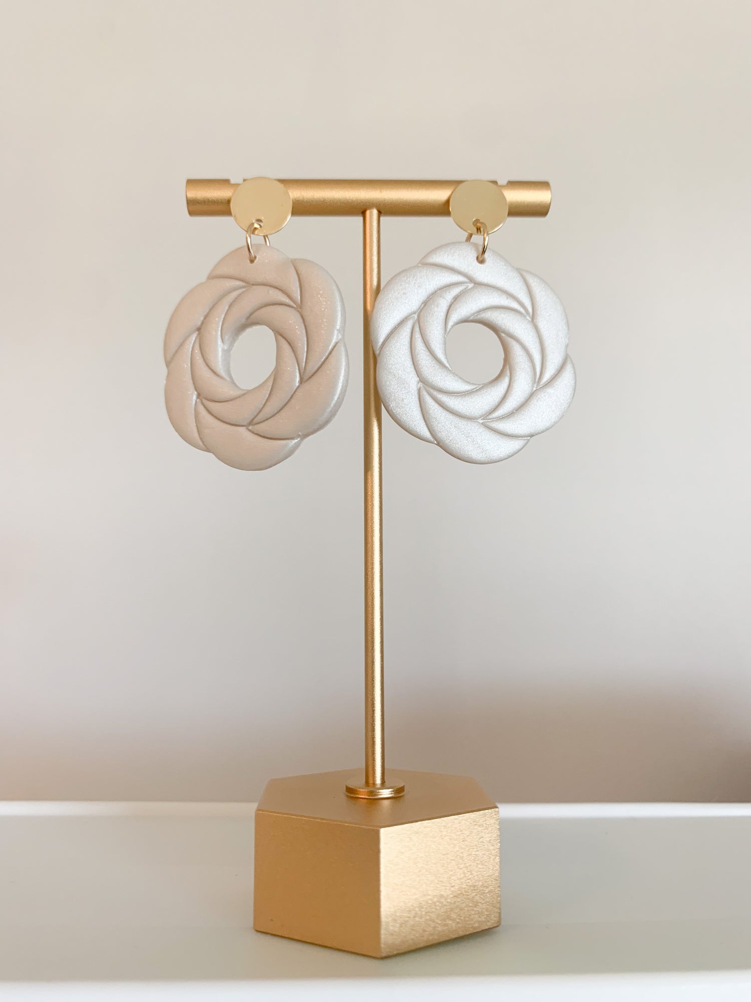 Handcrafted polymer clay earrings with intricate design and 18k gold plated earring posts